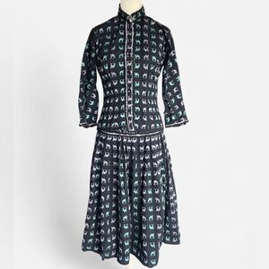 Vintage 1950’s Navy Camel 🐪 Print pleated skirt and shirt set ALIX of MIAMI